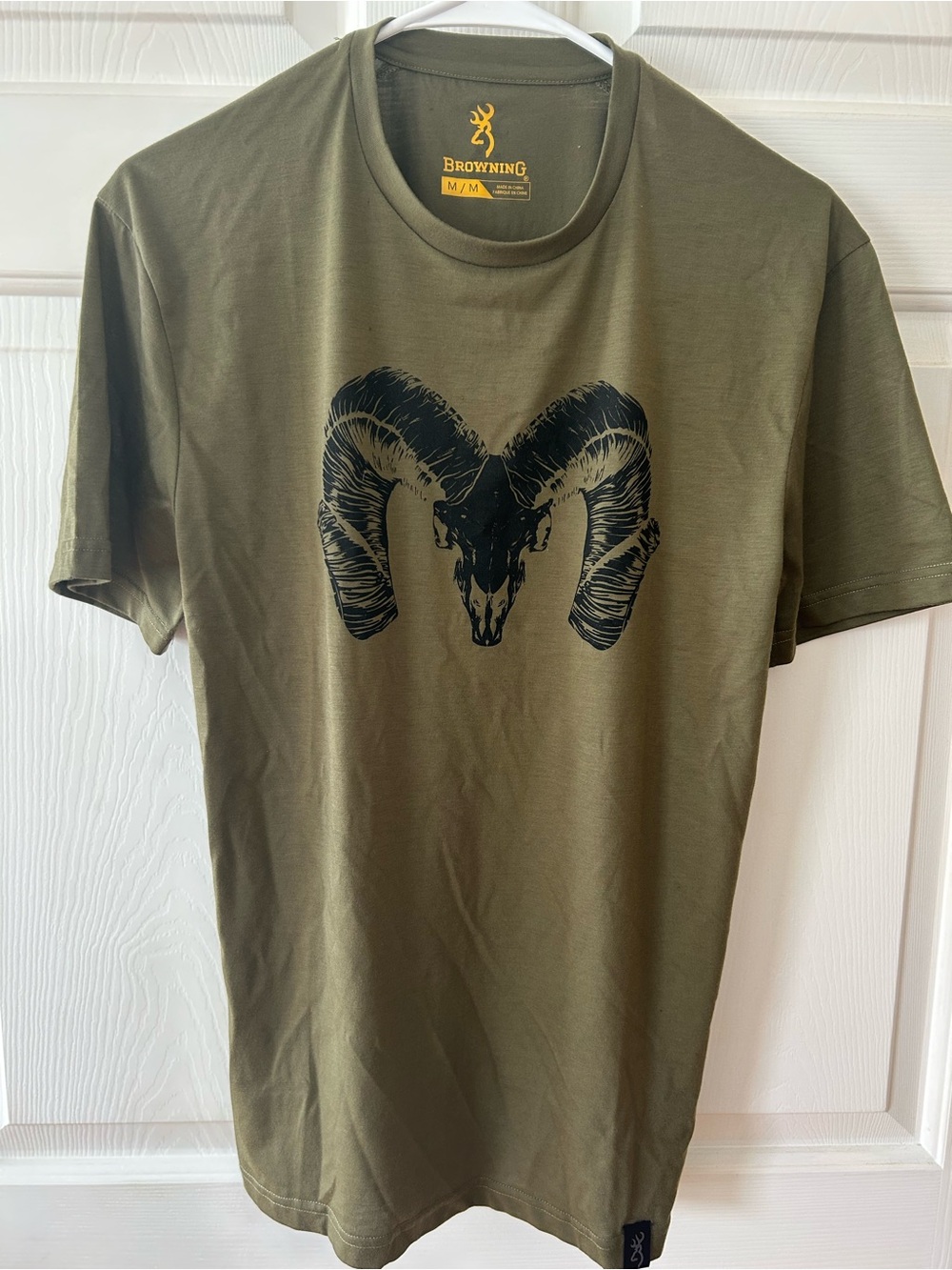 Browning Olive Green Short Sleeve T-Shirt with Black Ram Skull Graphic